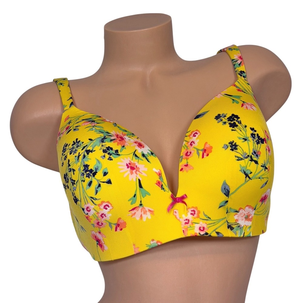Cacique Women's Simply Wire Free Plunge Bra Size 38D Yellow Floral Print